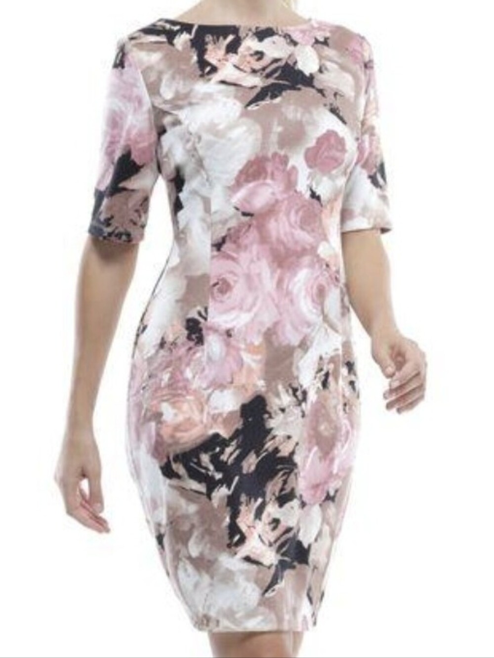NorthStyle Pink and Beige Floral Midi Dress. London Times - Elbow Sleeve Floral.